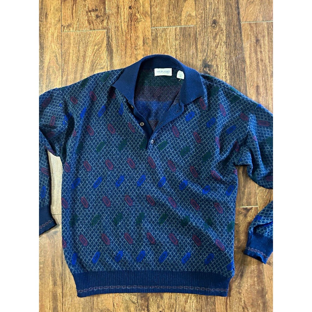 Murano Sweater Mens XL Made Italy Wool Blend Geometric Knit Polo Grandpa Vintage